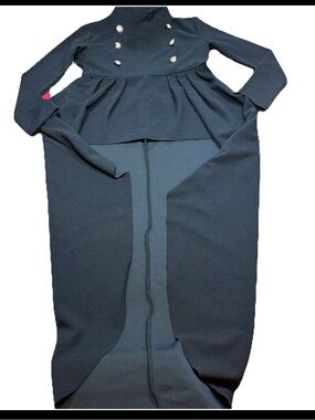 Black Army Style Dress COAT mock Neck Zip Back Gold Military Buttons Long Tail S